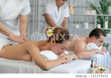 Caucasian couple customer enjoying relaxing anti-stress massage. Quiescent 111274052