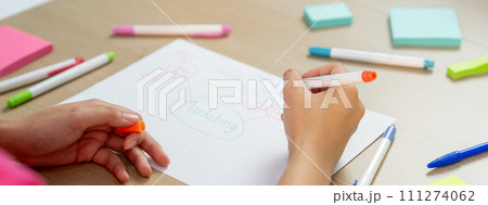 Professional businesswoman drawing business mind map. Closeup. Variegated. Professional businesswoman drawing business mind map. Closeup. Variegated. 111274062
