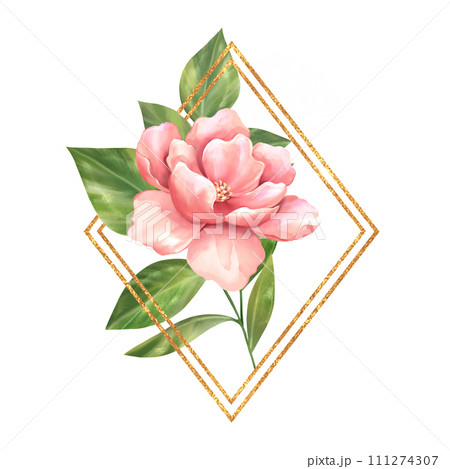 Gold frame with rose flower for greeting card. 111274307