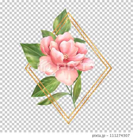 Gold frame with rose flower for greeting card. 111274307