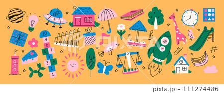 Set of colorful kindergarten doodles. Butterfly, toys, flower, umbrella, house, sun, tree, animals and other elements. 111274486
