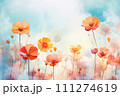 Poppy flowers watercolor painting in pastel color. Generative AI image. 111274619