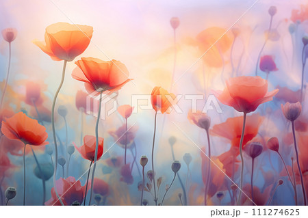 Poppy flowers watercolor painting in pastel color. Generative AI image. Poppy flowers watercolor painting in pastel color. Generative AI image. 111274625
