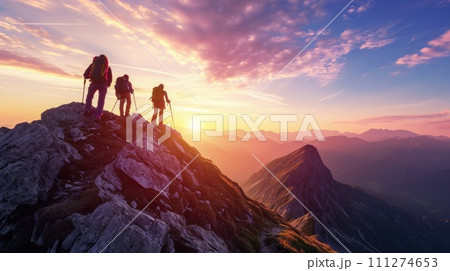 AI-generated content. A group of friends on a hiking adventure, panoramic mountain views. Resplendent. 111274653