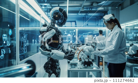 AI-generated content. A high-tech robotics lab, engineers working on advanced AI machines. Resplendent. 111274662