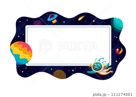Cartoon galaxy space kid frame or border with cosmic landscape, ufo saucer, flying alien and comet. Vector mesmerizing otherworldly background capturing imagination and inviting to explore far cosmos Cartoon galaxy space kid frame or border with cosmic landscape, ufo saucer, flying alien and comet. Vector mesmerizing otherworldly background capturing imagination and inviting to explore far cosmos 111274881
