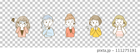 Icon set for women in their 30s with a negative expression that suits speech bubble lines / horizontal / casual / with main line 111275191