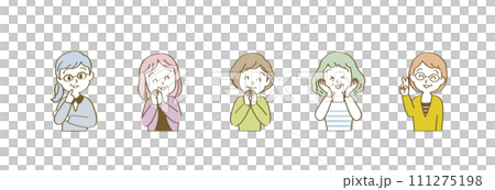 Icon set for women in their 50s with a positive expression that suits speech bubble lines / horizontal / casual / with main line 111275198