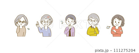 吹き出しセリフが似合うネガティブな表情の60代女性アイコンセット/横長/カジュアル/主線あり 111275204