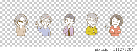 吹き出しセリフが似合うネガティブな表情の60代女性アイコンセット/横長/カジュアル/主線あり 111275204