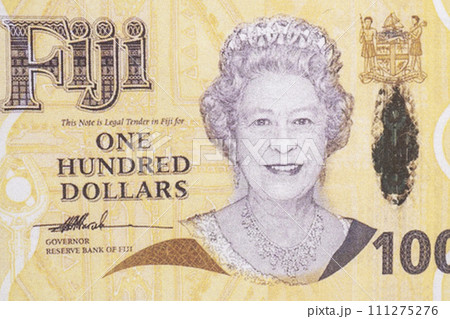 Elizabeth II, Portrait from Fiji One hundred Dollars Banknotes. Elizabeth II, Portrait from Fiji One hundred Dollars Banknotes. 111275276