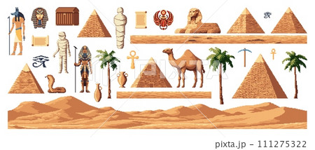 Retro 8 bit pixel art Egypt arcade game assets, pyramids and gods, vector elements. Egypt mummy and sand, palms and sphinx with scarab and cobra or Ancient Egyptian symbols for 8bit arcade video game Retro 8 bit pixel art Egypt arcade game assets, pyramids and gods, vector elements. Egypt mummy and sand, palms and sphinx with scarab and cobra or Ancient Egyptian symbols for 8bit arcade video game 111275322