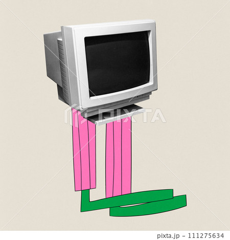 Modern aesthetic artwork. Vintage desktop computer monitor with colorful drawn legs against beige background. Generation Z culture. Modern aesthetic artwork. Vintage desktop computer monitor with colorful drawn legs against beige background. Generation Z culture. 111275634
