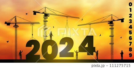 2024 new year. Building crane loading numbers. Industrial silhouette. Construction site for workers. Welcome to happy future work changes. Architecture engineering. Vector background 2024 new year. Building crane loading numbers. Industrial silhouette. Construction site for workers. Welcome to happy future work changes. Architecture engineering. Vector background 111275715