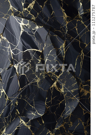 Striking black marble texture with golden veins, perfect for sophisticated wallpapers, luxury background designs, or stylish graphic elements. Vertical format. Generative AI. 111275787