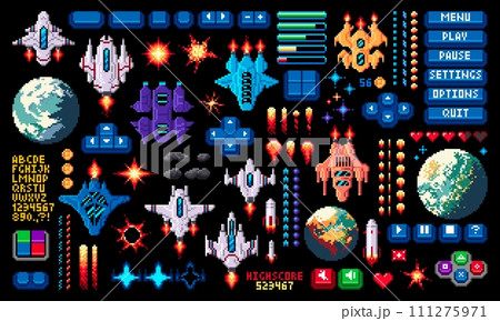 8bit arcade space pixel game asset, invaders and asteroids, planets and spaceship, alien and stars, fire and explosion vector set in pixelated retro style. Menu panel buttons, 2d videogame icons 8bit arcade space pixel game asset, invaders and asteroids, planets and spaceship, alien and stars, fire and explosion vector set in pixelated retro style. Menu panel buttons, 2d videogame icons 111275971