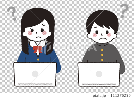 A student operating a computer. A girl and a boy studying in an online class. A worried expression. 111276259