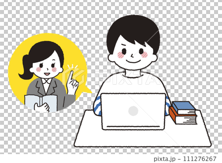 パソコンでリモート授業を受ける学生。オンライン授業で勉強をする 男の子。 パソコンでリモート授業を受ける学生。オンライン授業で勉強をする 男の子。 111276267