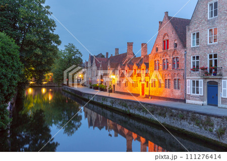 Cityscape with a tower Belfort and the Green canal in Bruges at Cityscape with a tower Belfort and the Green canal in Bruges at 111276414