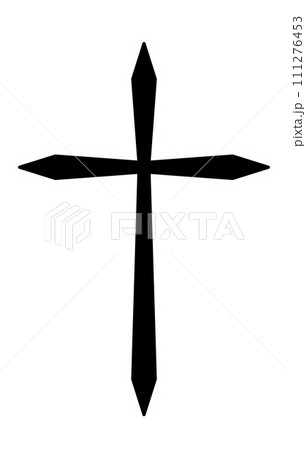 Christian cross, black and white vector silhouette illustration of religious spiked cross shape, isolated on white 111276453