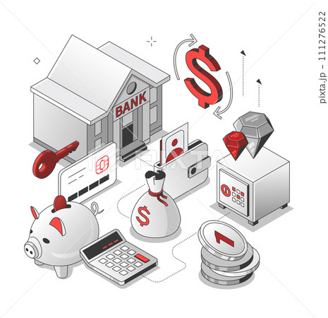 Finances and banking - red and black isometric line illustration Finances and banking - red and black isometric line illustration 111276522