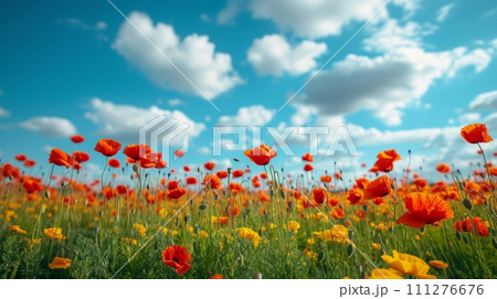 Beautiful natural background with poppy flower field and blue sky large copyspace area with copy space for text 111276676