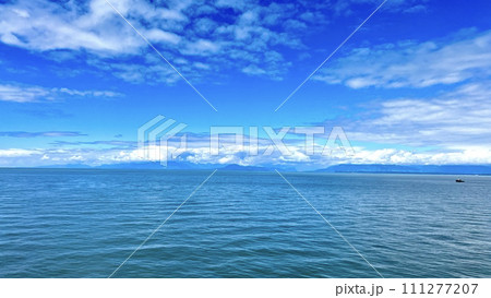 blank for advertising travel on cruise liners on boats or yachts beautifully visible water Blue horizon Clear sky and calm sea on the Pacific Ocean or lake Canada to Vancouver Island Ferry 111277207