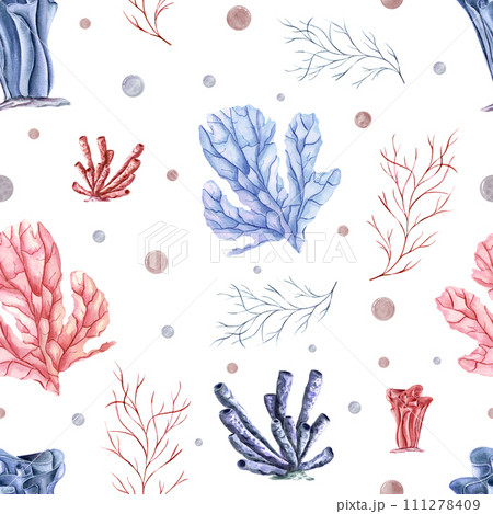 Seamless pattern with undersea polyps, plants and water bubbles. Blue, pink corals. Coral reef fauna. Watercolor illustration for textile, fabric, wrapping, poster Seamless pattern with undersea polyps, plants and water bubbles. Blue, pink corals. Coral reef fauna. Watercolor illustration for textile, fabric, wrapping, poster 111278409