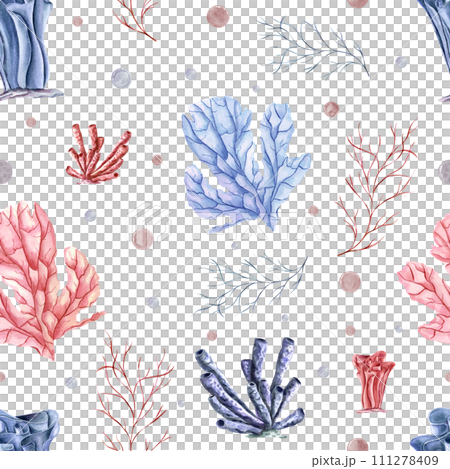 Seamless pattern with undersea polyps, plants and water bubbles. Blue, pink corals. Coral reef fauna. Watercolor illustration for textile, fabric, wrapping, poster 111278409
