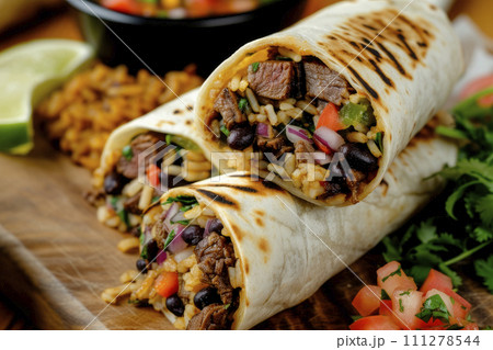 Mexican beef burritos with black beans and rice on wooden table 111278544