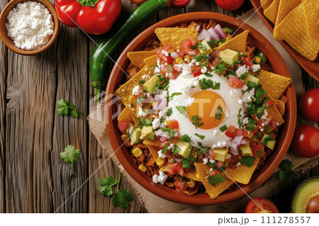 Traditional mexican chilaquiles. Mexican breakfast 111278557