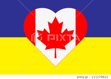 Heart painted in the colors of the flag of Canada on the flag of Ukraine. Illustration of a heart with the national symbol of Canada on a blue-yellow background Heart painted in the colors of the flag of Canada on the flag of Ukraine. Illustration of a heart with the national symbol of Canada on a blue-yellow background 111278622