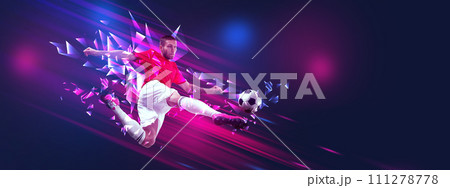 Banner. Athletic man, professional soccer player scores goal against gradient background with polygonal and fluid neon elements. 111278778