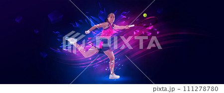 Poster. Athletic woman, tennis player hits ball with racket against dark blue polygonal background with pink neon and fluid elements. Poster. Athletic woman, tennis player hits ball with racket against dark blue polygonal background with pink neon and fluid elements. 111278780
