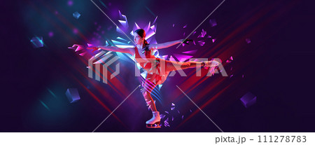 Banner. Sportive, flexible girl, figure skater against gradient background with pink polygonal and fluid neon elements. Banner. Sportive, flexible girl, figure skater against gradient background with pink polygonal and fluid neon elements. 111278783