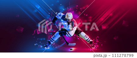 Poster. Focused hockey player train kicks and get puck in action against gradient background with neon elements. Poster. Focused hockey player train kicks and get puck in action against gradient background with neon elements. 111278799