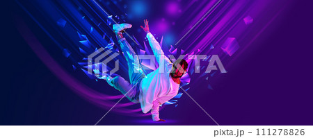 Banner. Breakdance dancer doing friezes and dance tricks against dark background with polygonal and fluid neon elements. Movement. Banner. Breakdance dancer doing friezes and dance tricks against dark background with polygonal and fluid neon elements. Movement. 111278826