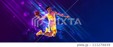 Banner. Powerful slam dunk. Young basketball player hit goal against gradient background with polygonal and fluid elements. 111278839