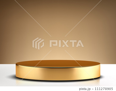 Golden empty round pedestal. Golden round podium, advertising display of items. 111278905