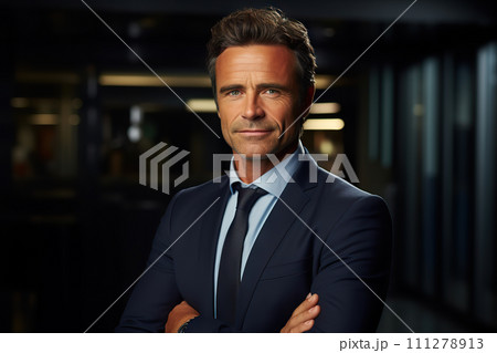Confident CEO Middle-aged Businessman Leading with Assurance in Office Setting. created with Generative AI Confident CEO Middle-aged Businessman Leading with Assurance in Office Setting. created with Generative AI 111278913