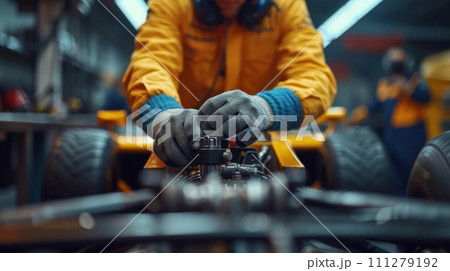 AI-generated content. Focus on mechanics hand adjusting race car components, fixing and preparing care for upcoming races. 111279192