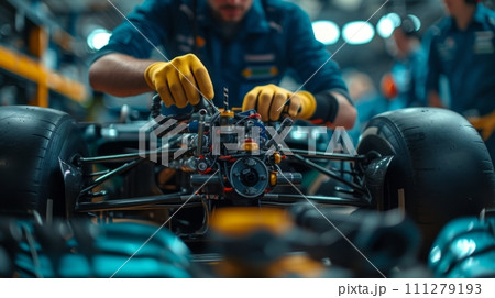 AI-generated content. Mechanics adjusting race car components, focus on hands and tools. Preparation for racing 111279193
