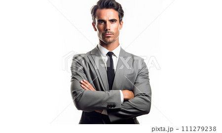 Portrait of man on white background. Man in elegant suit, looking at camera on white background. 111279238