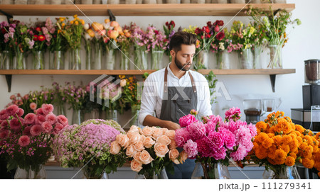 Flower salon and male seller. Flower salon and male seller. 111279341