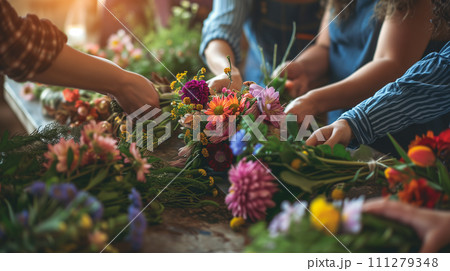 Floral background, with female hands on blurred background of various flowers.  111279348