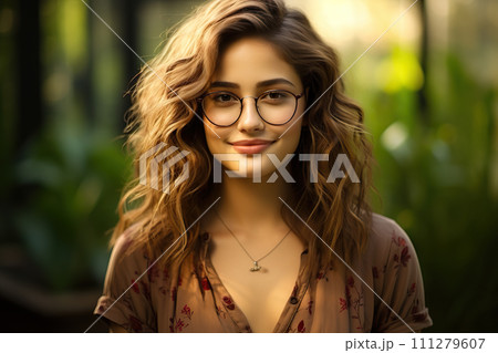 Garden Serenity Smiling Young Brunette in Eyeglasses Poses Amidst a Lush Garden, Gazing Confidently at the Camera. created with Generative AI Garden Serenity Smiling Young Brunette in Eyeglasses Poses Amidst a Lush Garden, Gazing Confidently at the Camera. created with Generative AI 111279607