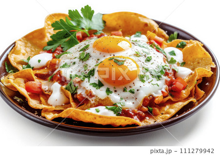 Traditional mexican chilaquiles isolated on white background. Mexican breakfast 111279942