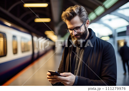 Connected Commute Smiling Bearded Man Engrossed with Smartphone at a Vibrant Train Station. created with Generative AI 111279976