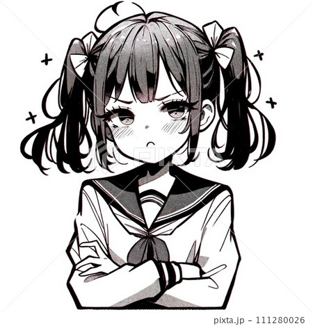 ツンデレツインテール女子高生腕組白黒漫画チック 111280026