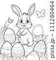 Easter Bunny with Easter egg. Black and white vector illustration for coloring book 111280464
